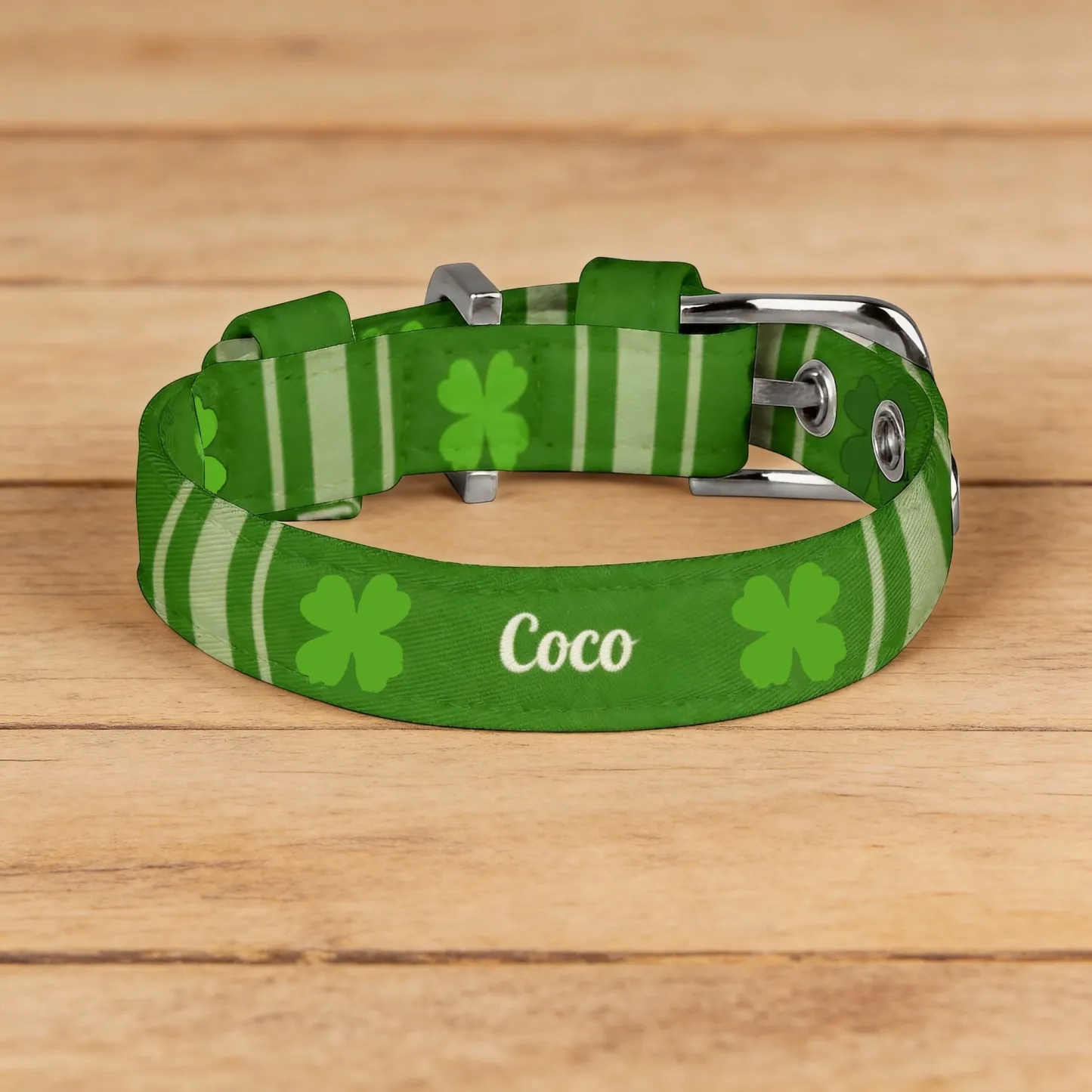 Custom Four Leaf Clover Adjustable Dog Cat Collar with Metal D-ring and Buckle for St. Patrick's Day