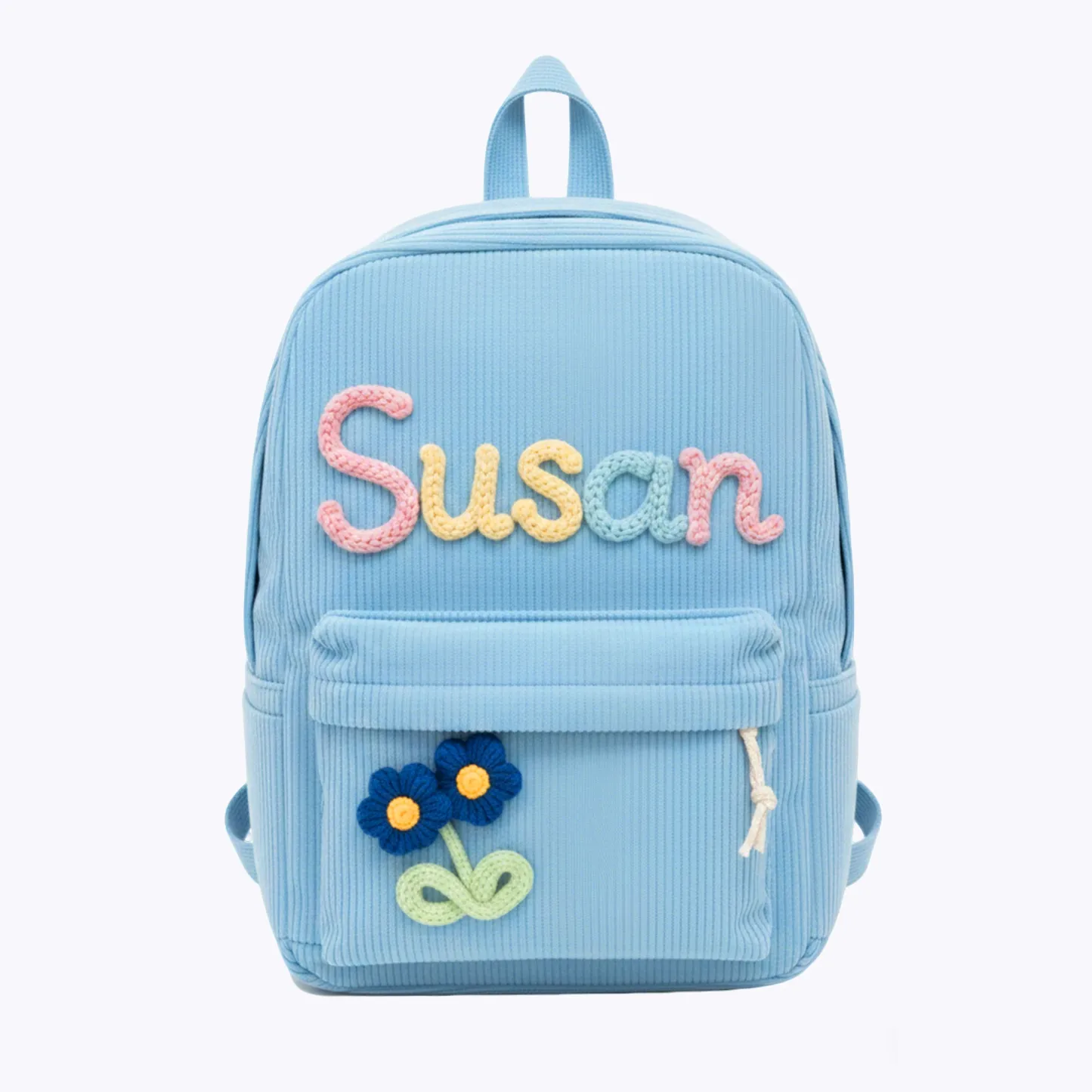 Personalized Name Corduroy Backpack with Colorful Lettering & Flower