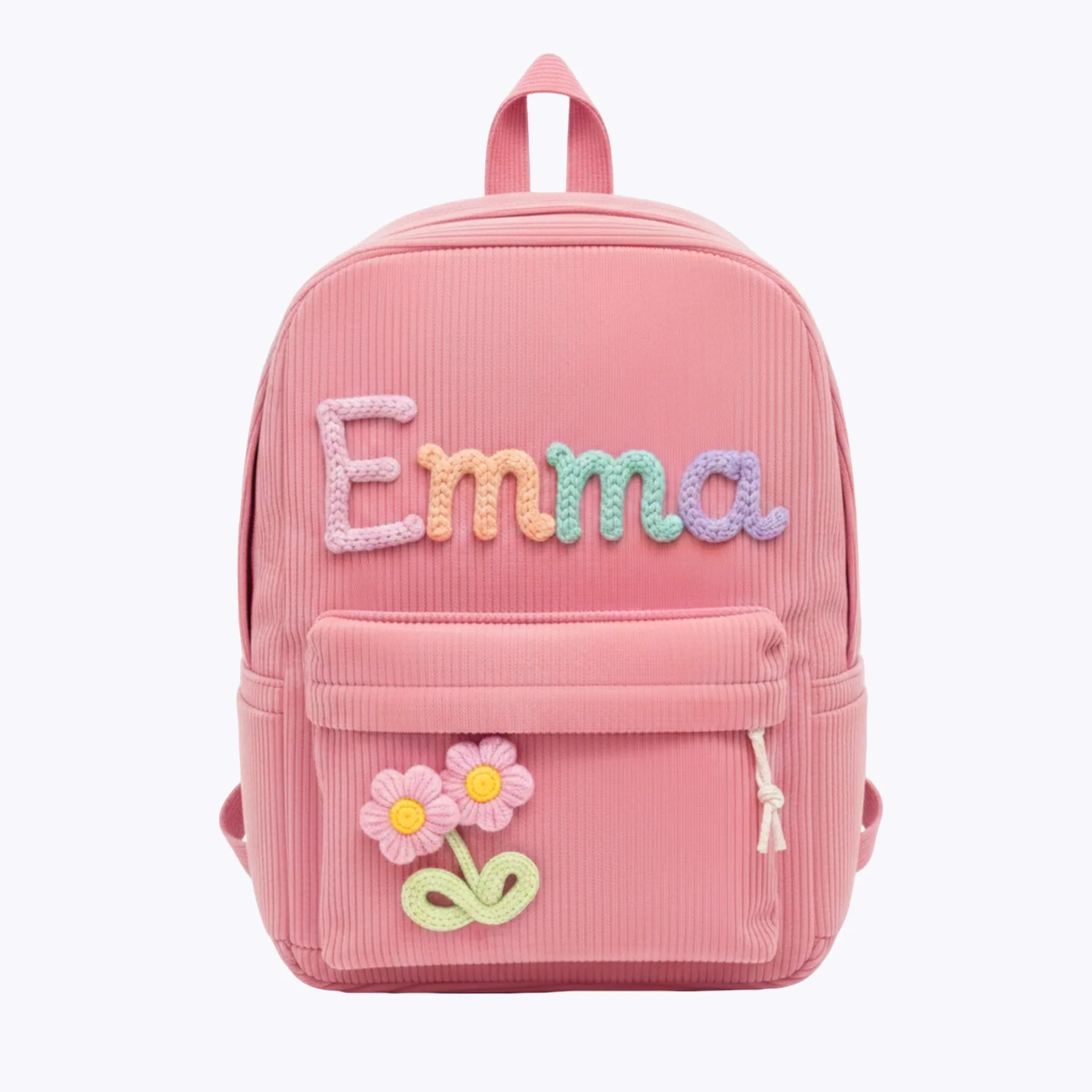 Personalized Name Corduroy Backpack with Colorful Lettering & Flower