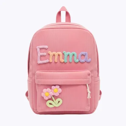 Personalized Name Corduroy Backpack with Colorful Lettering & Flower