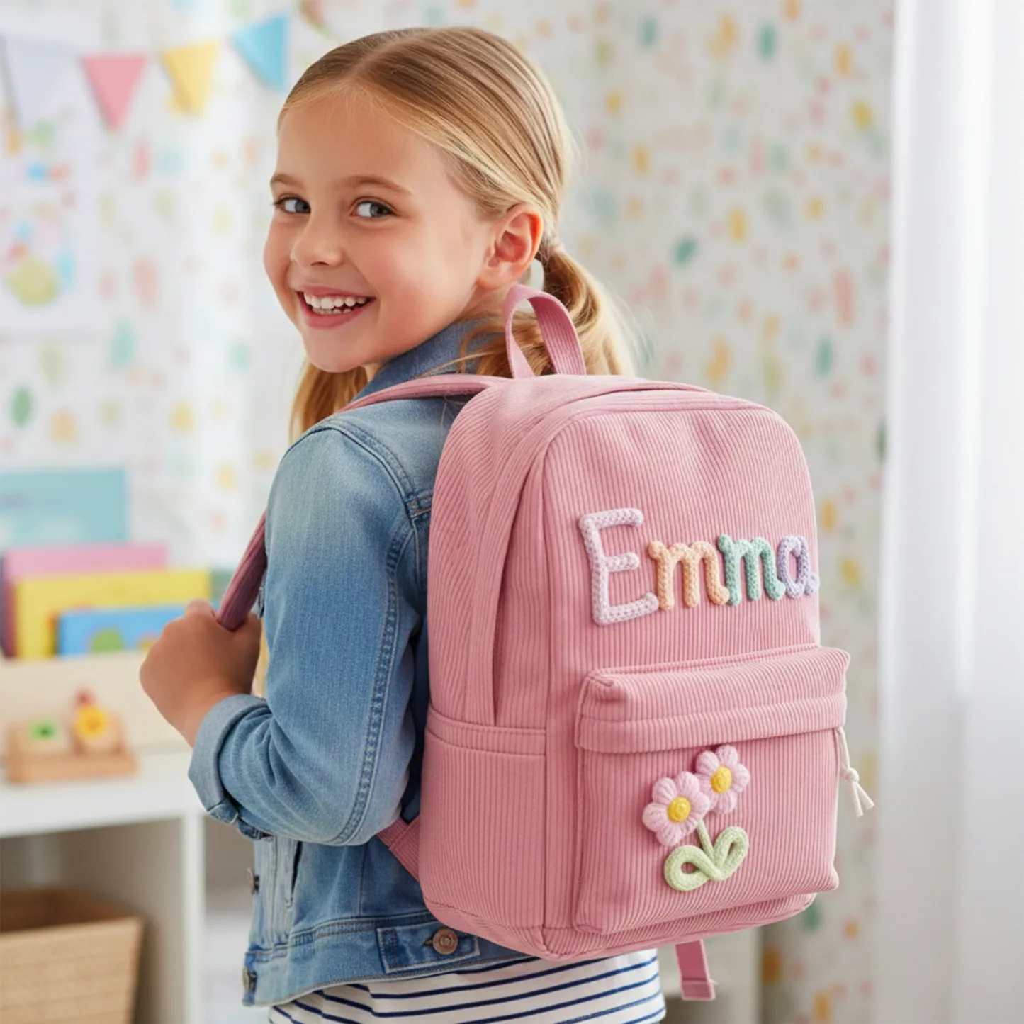 Personalized Name Corduroy Backpack with Colorful Lettering & Flower