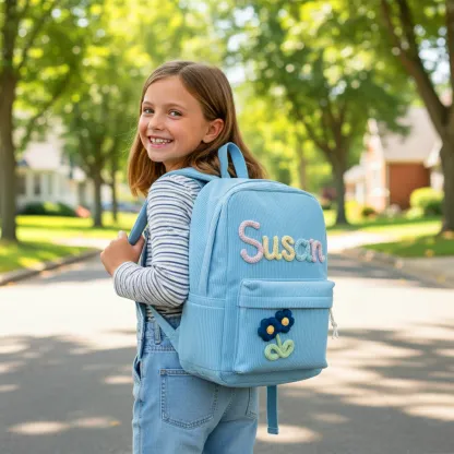 Personalized Name Corduroy Backpack with Colorful Lettering & Flower