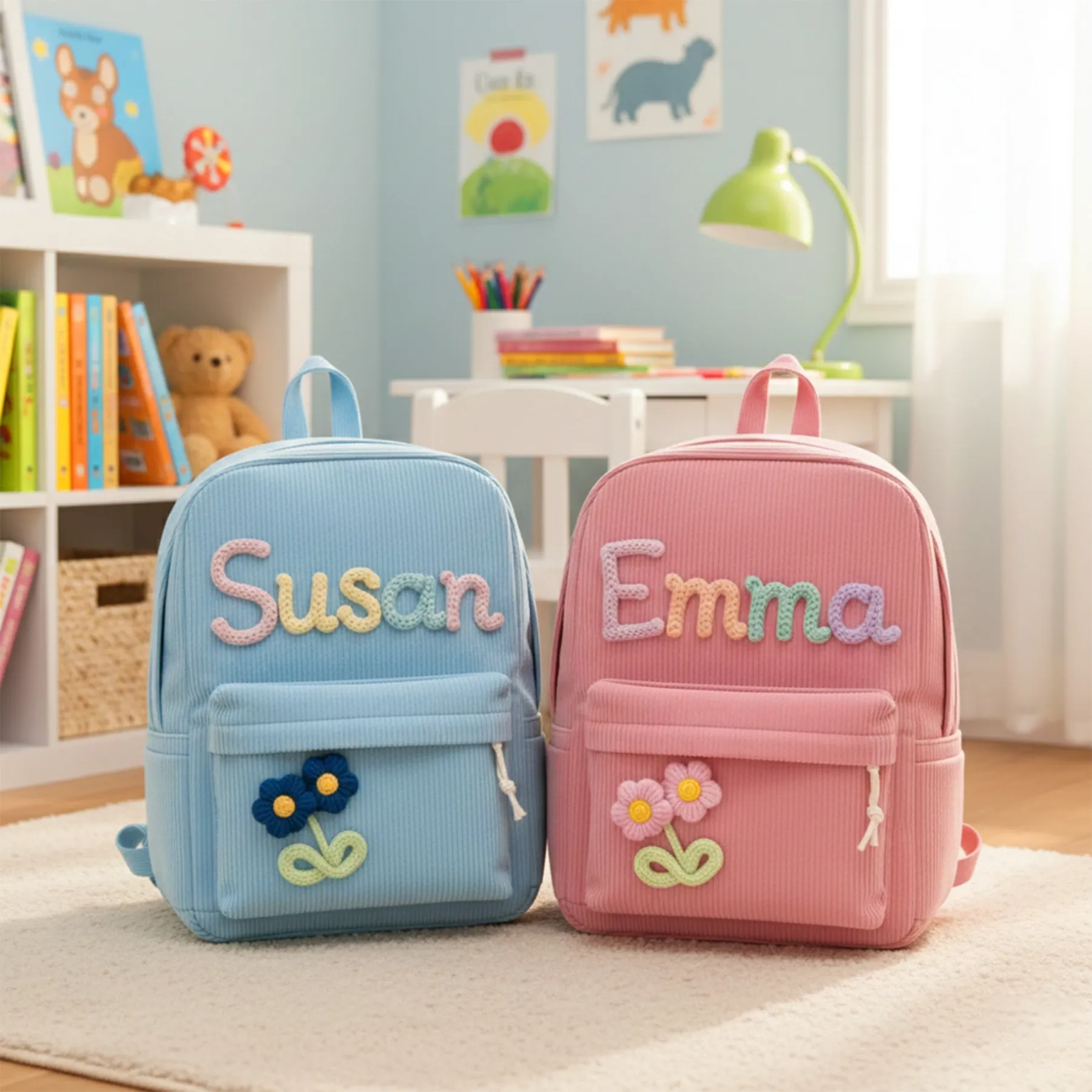 Personalized Name Corduroy Backpack with Colorful Lettering & Flower