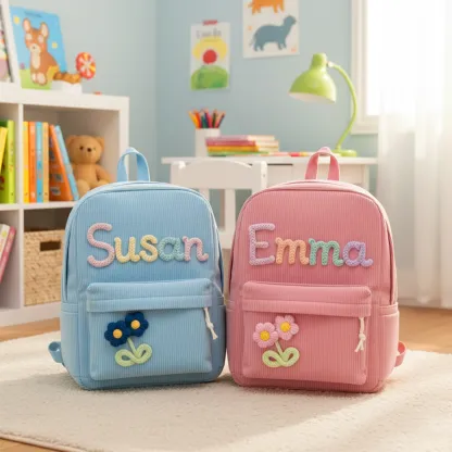 Personalized Name Corduroy Backpack with Colorful Lettering & Flower