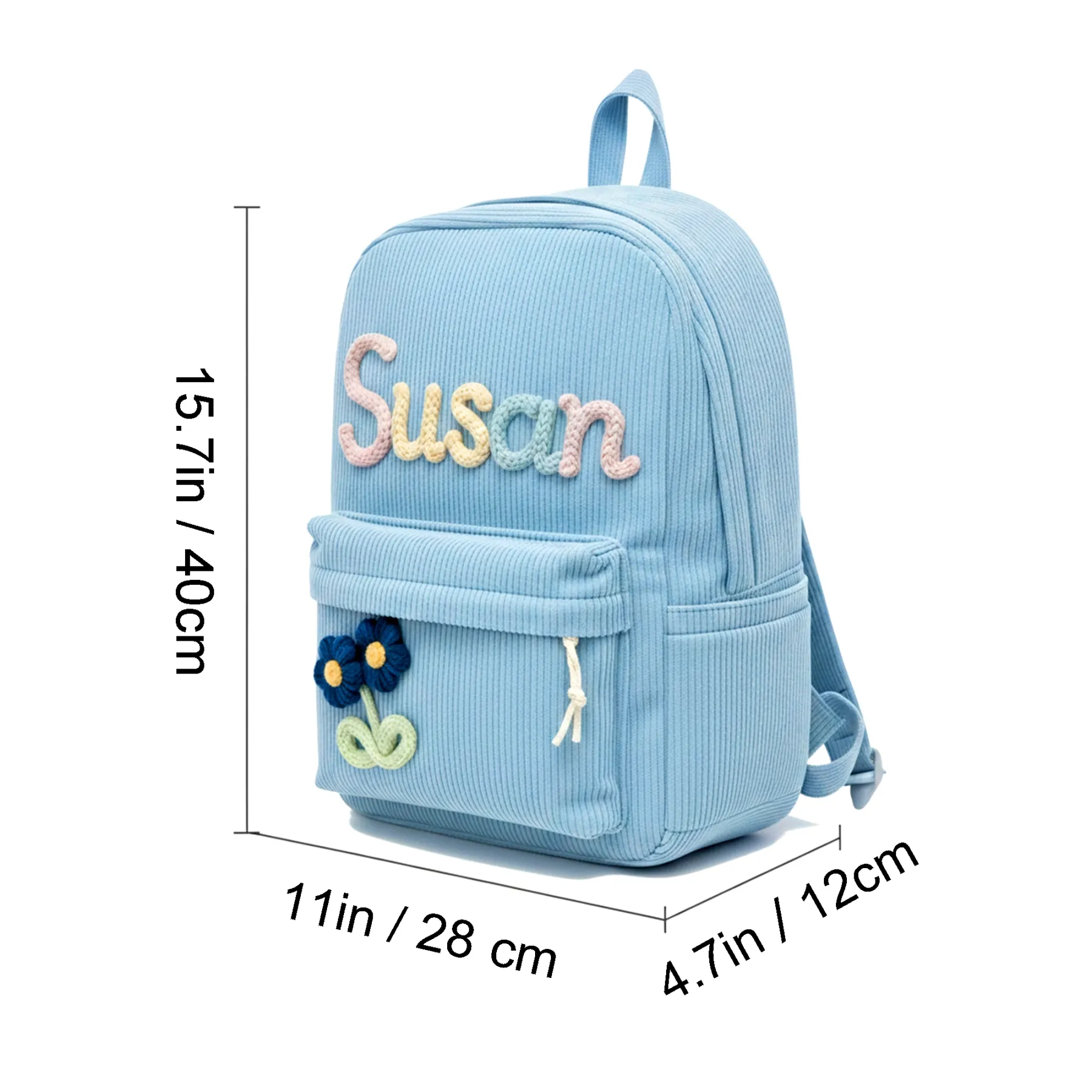 Personalized Name Corduroy Backpack with Colorful Lettering & Flower