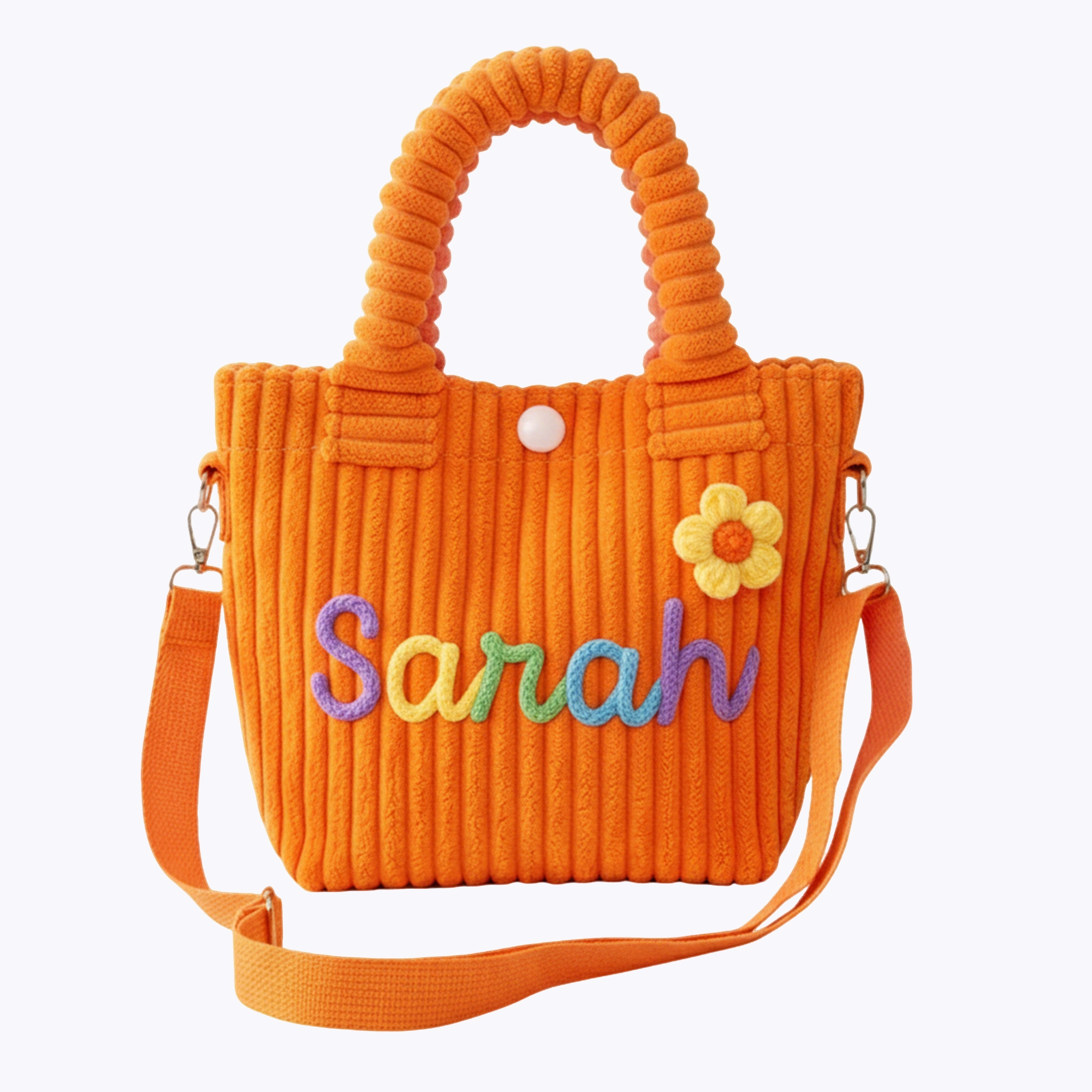 Personalized Name Corduroy Tote Bag with Colorful Lettering & Flower