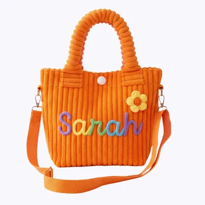 Personalized Name Corduroy Tote Bag with Colorful Lettering & Flower