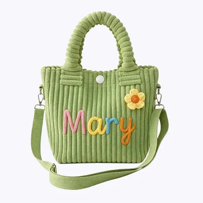 Personalized Name Corduroy Tote Bag with Colorful Lettering & Flower