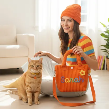 Personalized Name Corduroy Tote Bag with Colorful Lettering & Flower