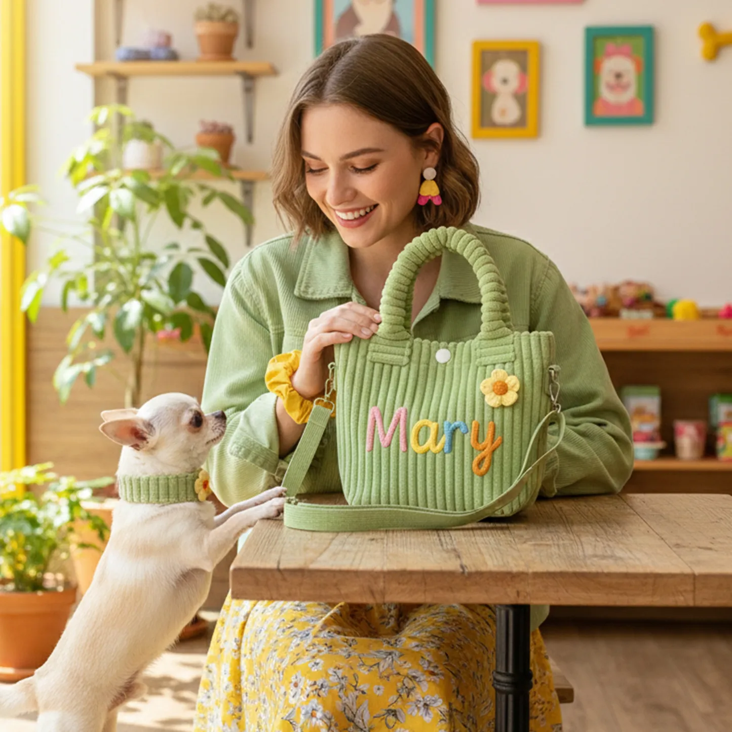 Personalized Name Corduroy Tote Bag with Colorful Lettering & Flower