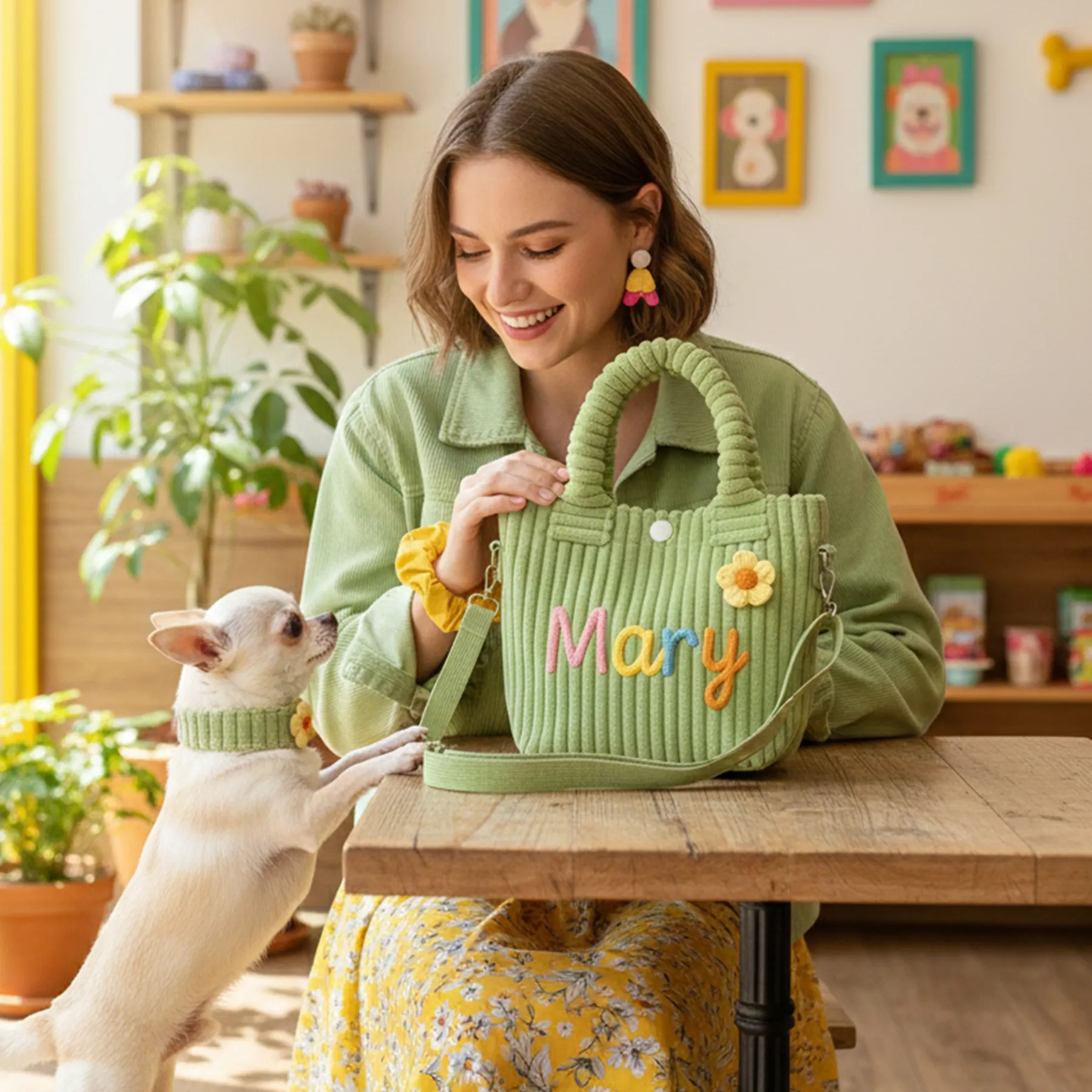 Personalized Name Corduroy Tote Bag with Colorful Lettering & Flower