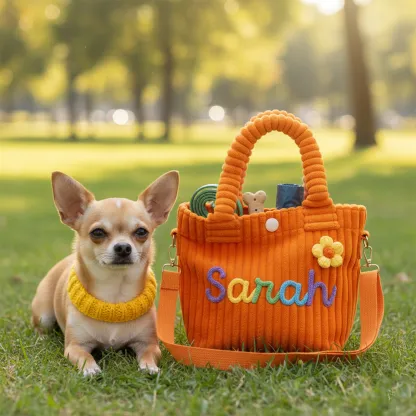 Personalized Name Corduroy Tote Bag with Colorful Lettering & Flower