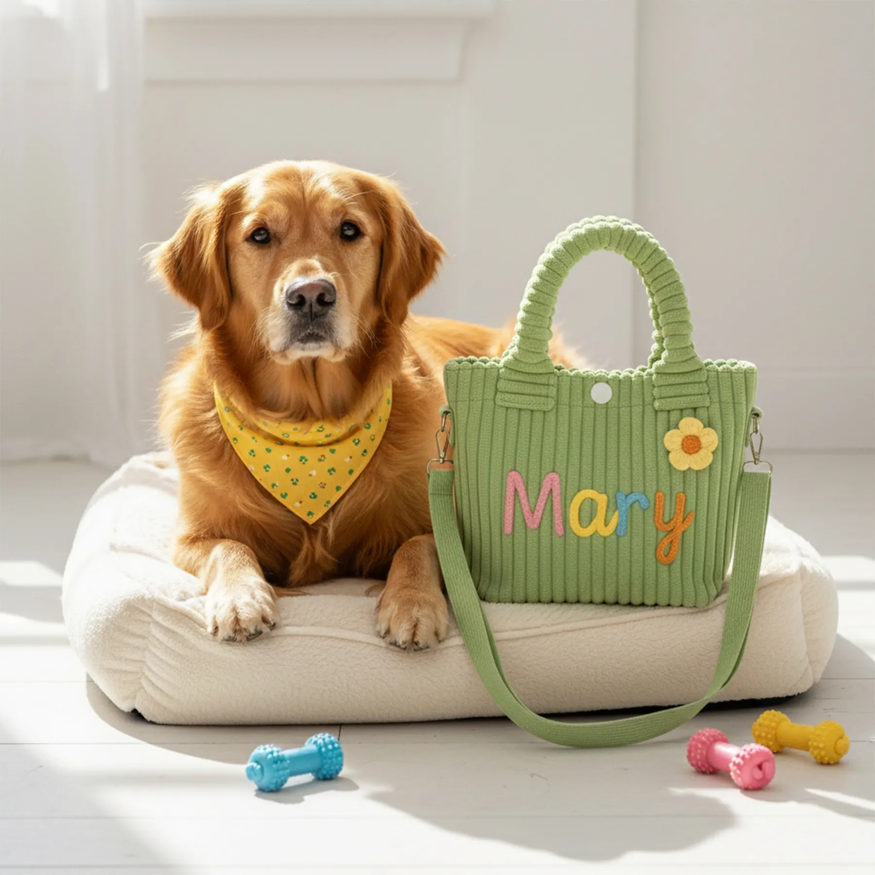 Personalized Name Corduroy Tote Bag with Colorful Lettering & Flower
