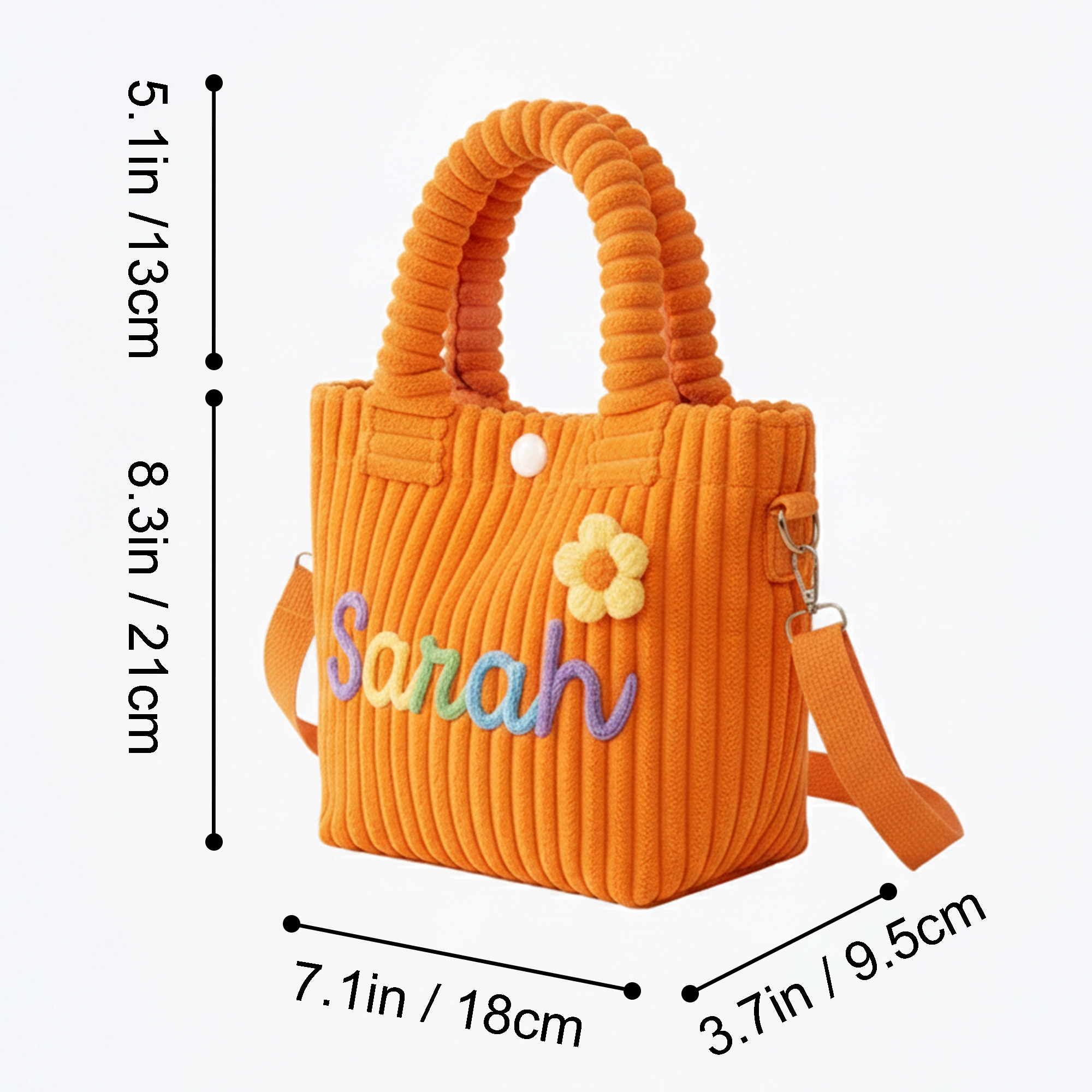 Personalized Name Corduroy Tote Bag with Colorful Lettering & Flower