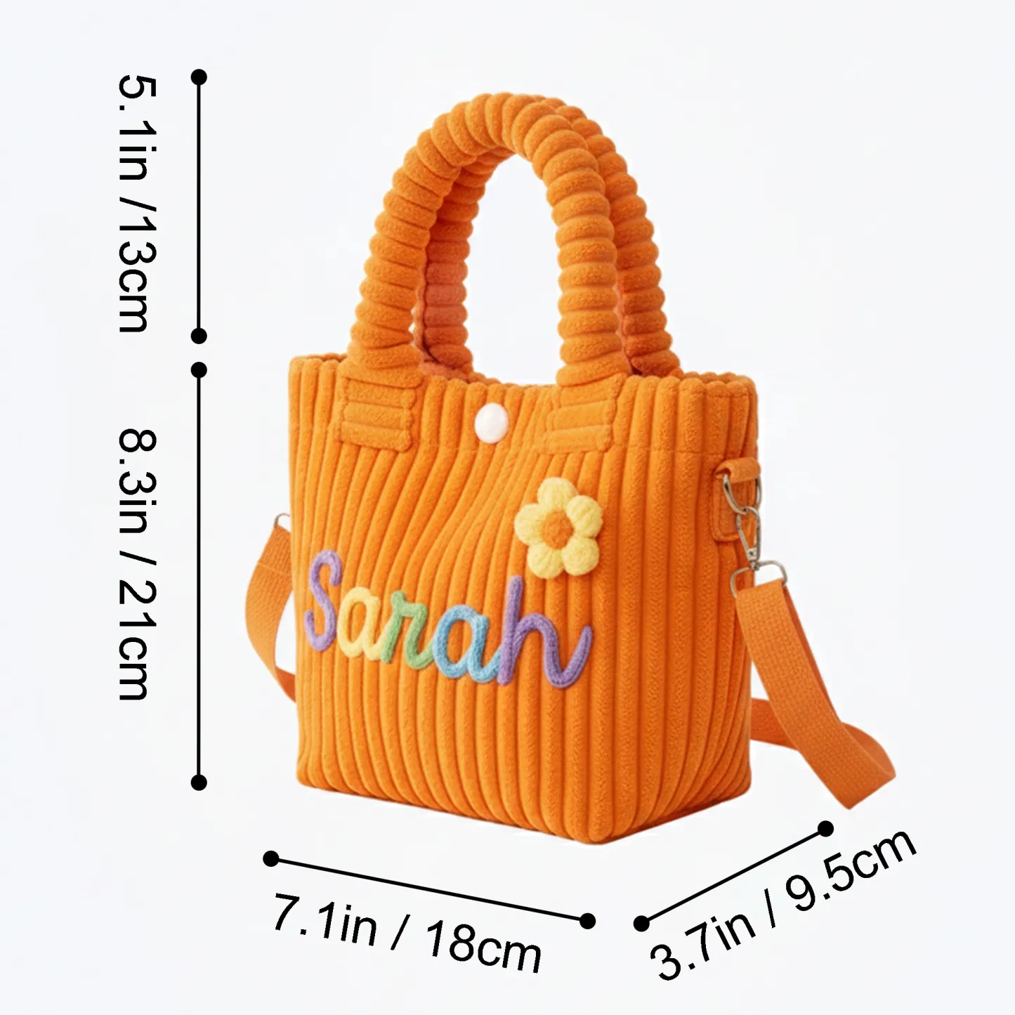 Personalized Name Corduroy Tote Bag with Colorful Lettering & Flower