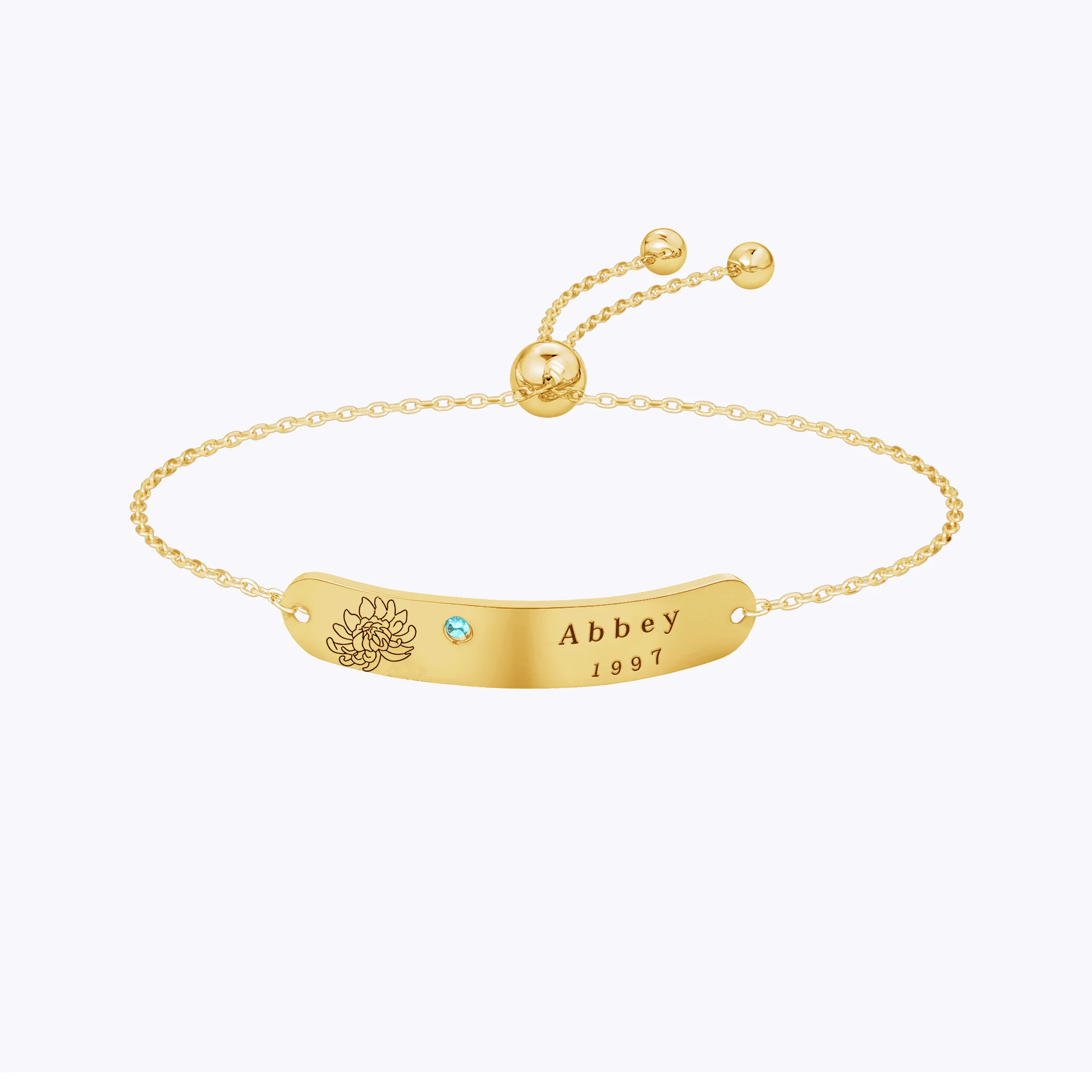 Custom Name Birth Flower & Birthstone Adjustable Bracelet