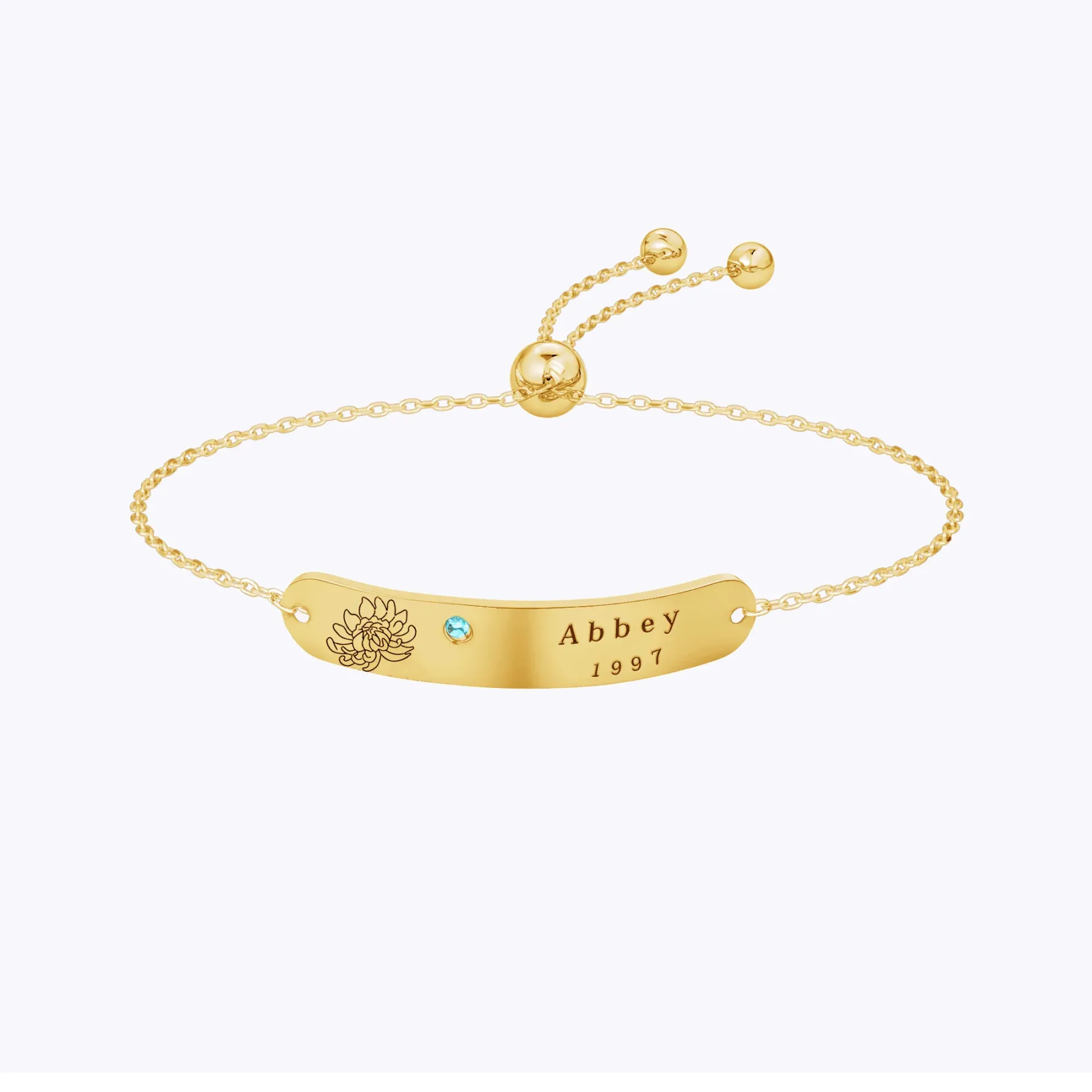 Custom Name Birth Flower & Birthstone Adjustable Bracelet