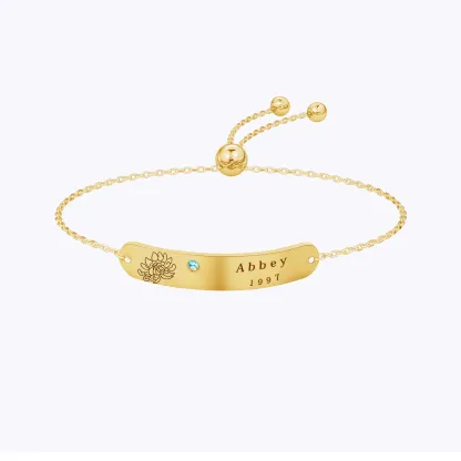 Custom Name Birth Flower & Birthstone Adjustable Bracelet