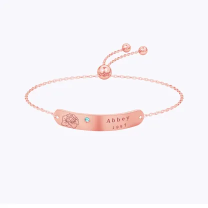 Custom Name Birth Flower & Birthstone Adjustable Bracelet