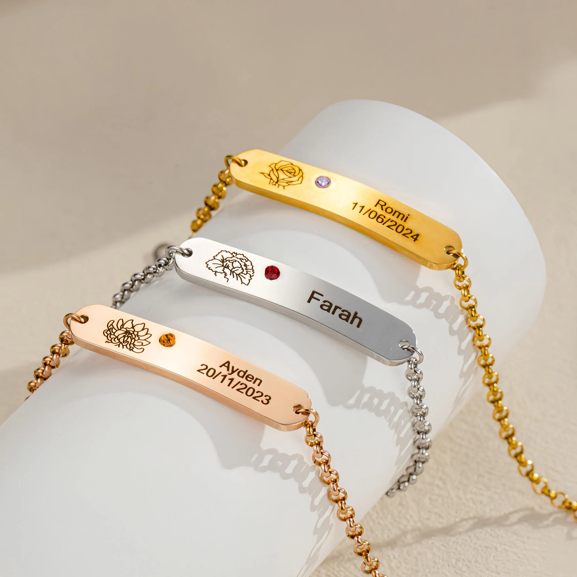 Custom Name Birth Flower & Birthstone Adjustable Bracelet