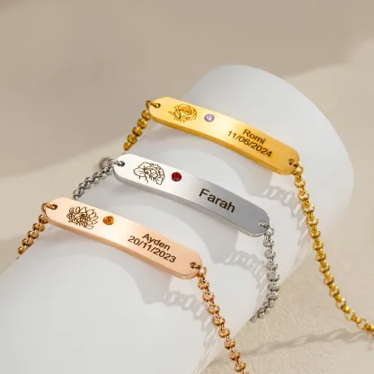 Custom Name Birth Flower & Birthstone Adjustable Bracelet