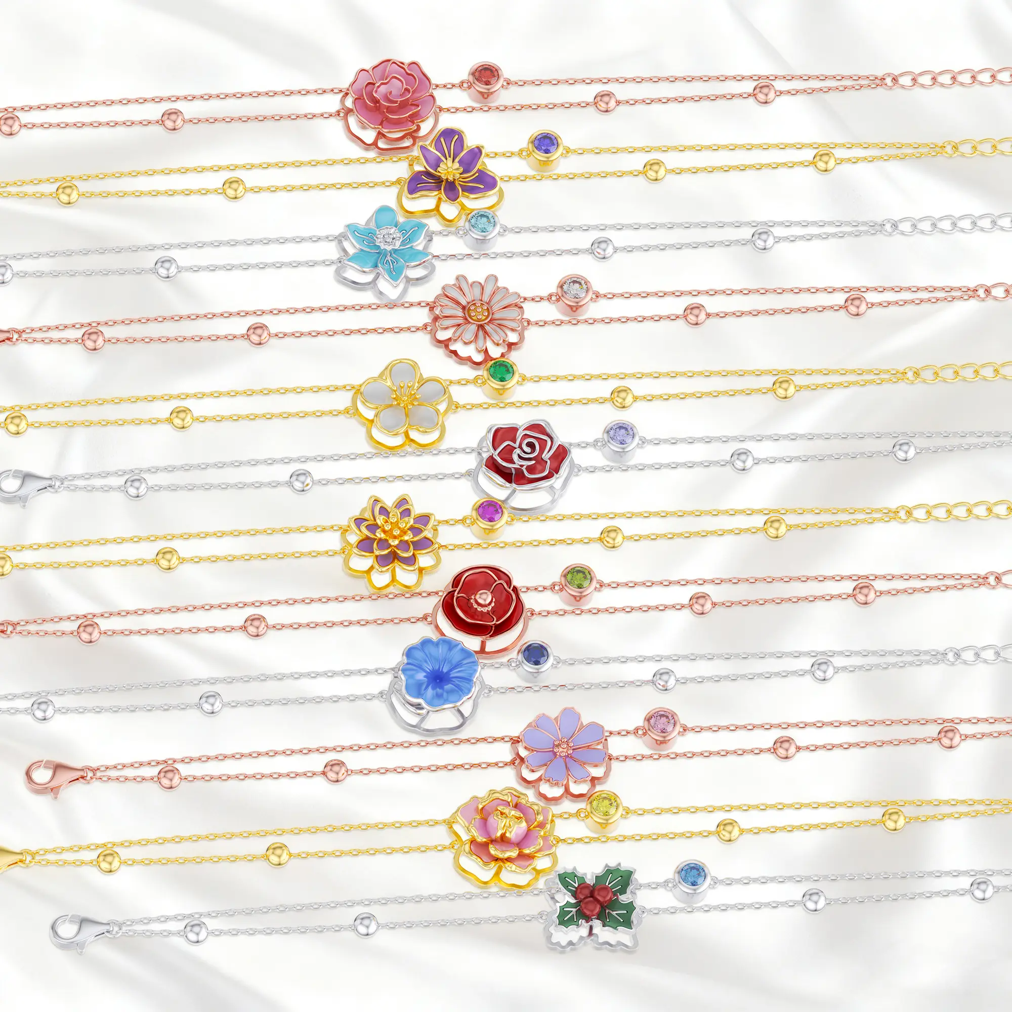 Whirling Blooms Collection Custom Spinning Birth Flower Adjustable Bracelet with Birthstone