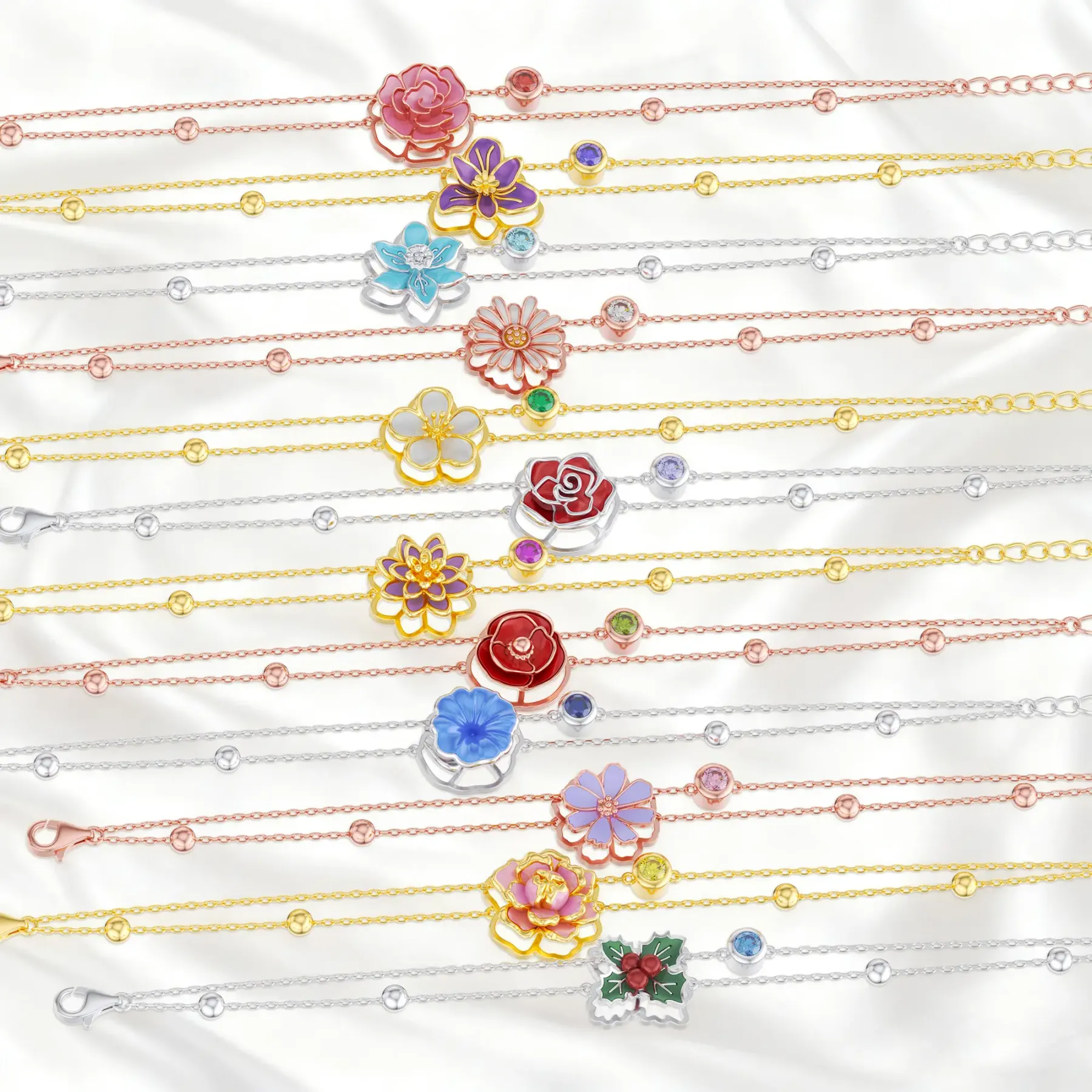 Whirling Blooms Collection Custom Spinning Birth Flower Adjustable Bracelet with Birthstone