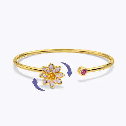 Whirling Blooms Collection Custom Spinning Birth Flower Open Bangle with Birthstone