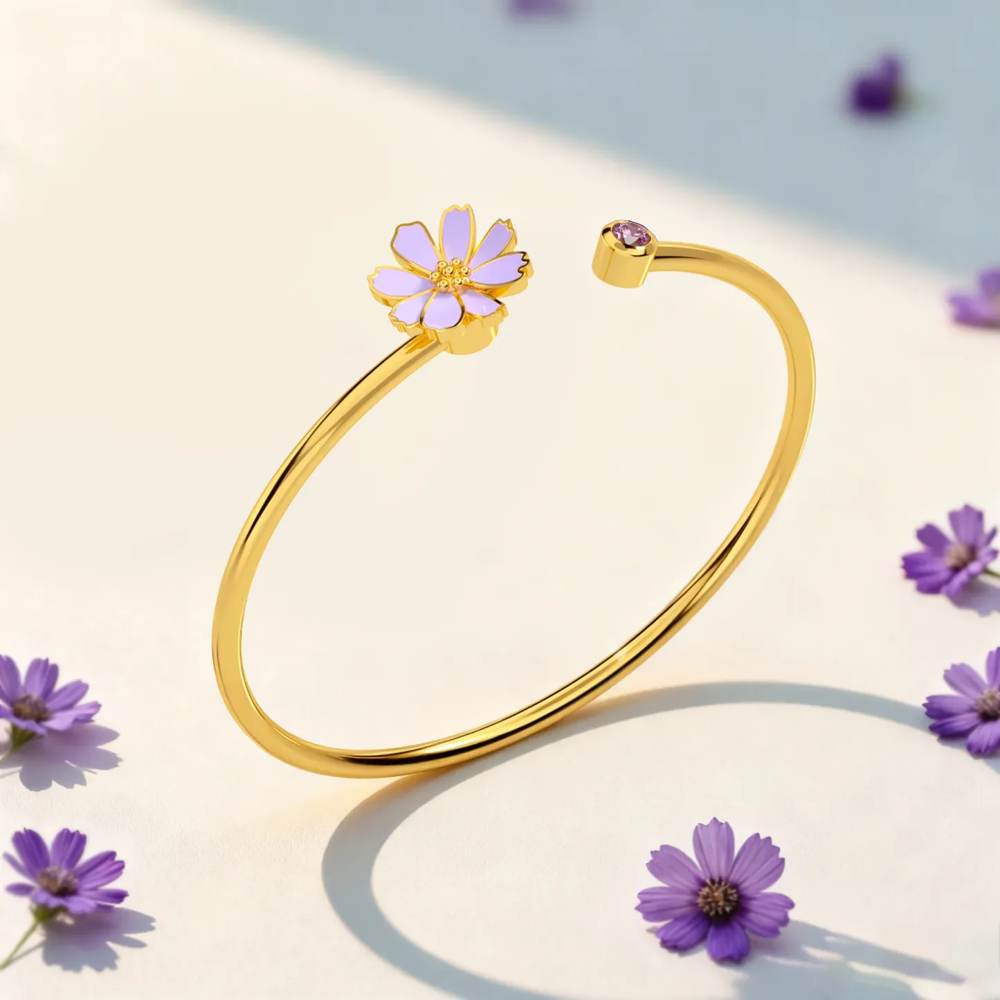 Whirling Blooms Collection Custom Spinning Birth Flower Open Bangle with Birthstone
