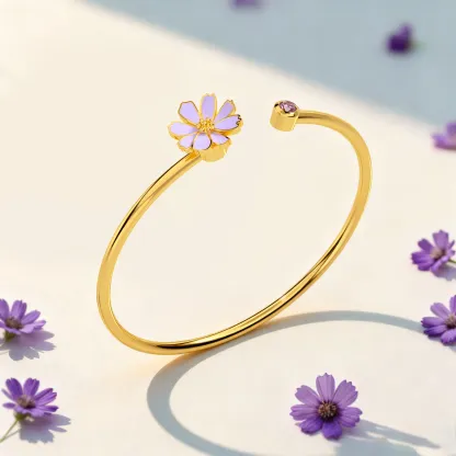 Whirling Blooms Collection Custom Spinning Birth Flower Open Bangle with Birthstone