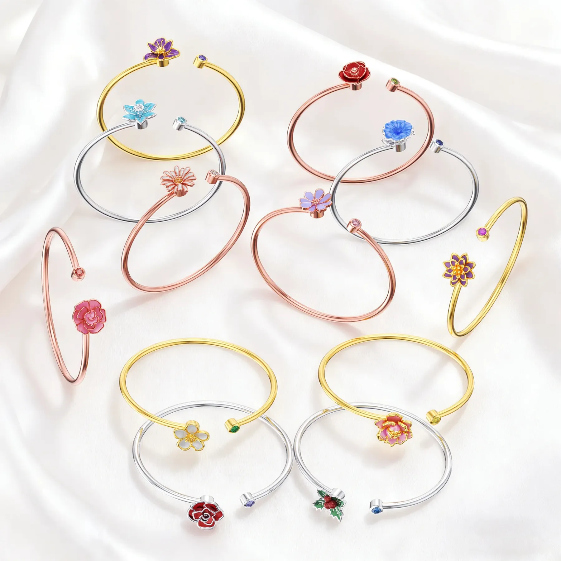 Whirling Blooms Collection Custom Spinning Birth Flower Open Bangle with Birthstone