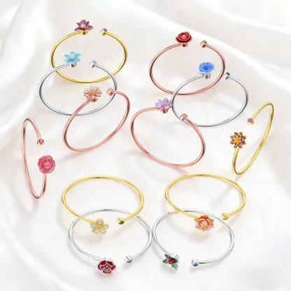 Whirling Blooms Collection Custom Spinning Birth Flower Open Bangle with Birthstone