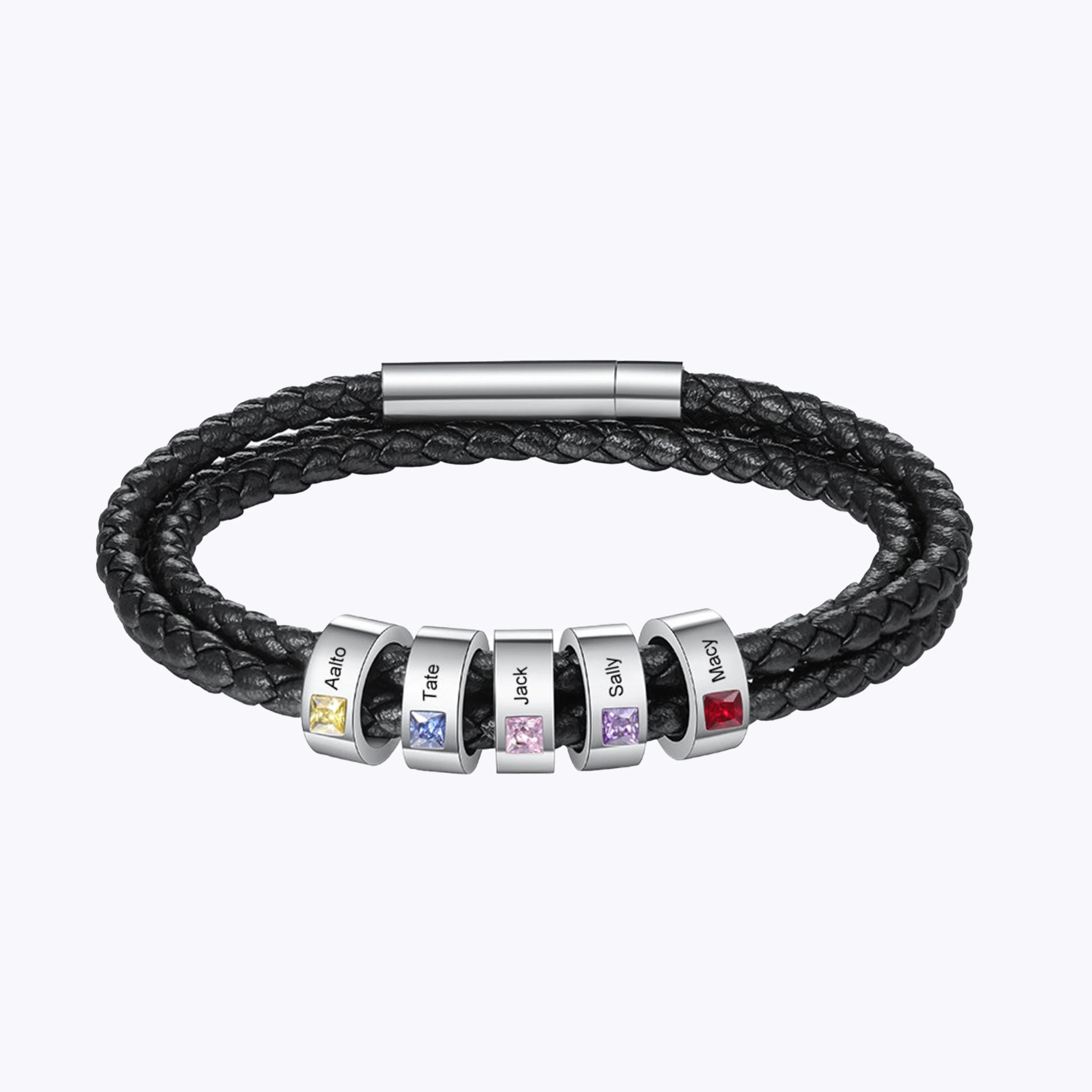 Personalized Birthstone and Name Charm Leather Braided Bracelet with Magnetic Clasp