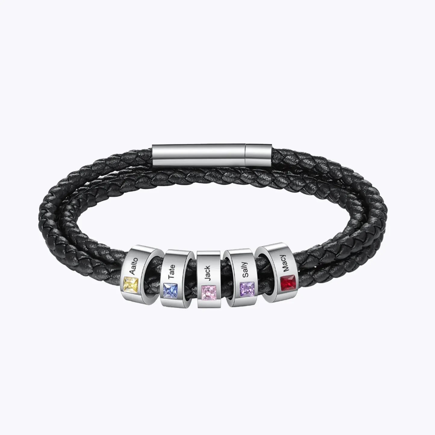 Personalized Birthstone and Name Charm Leather Braided Bracelet with Magnetic Clasp