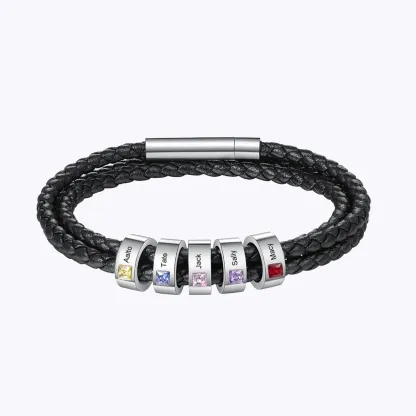 Personalized Birthstone and Name Charm Leather Braided Bracelet with Magnetic Clasp