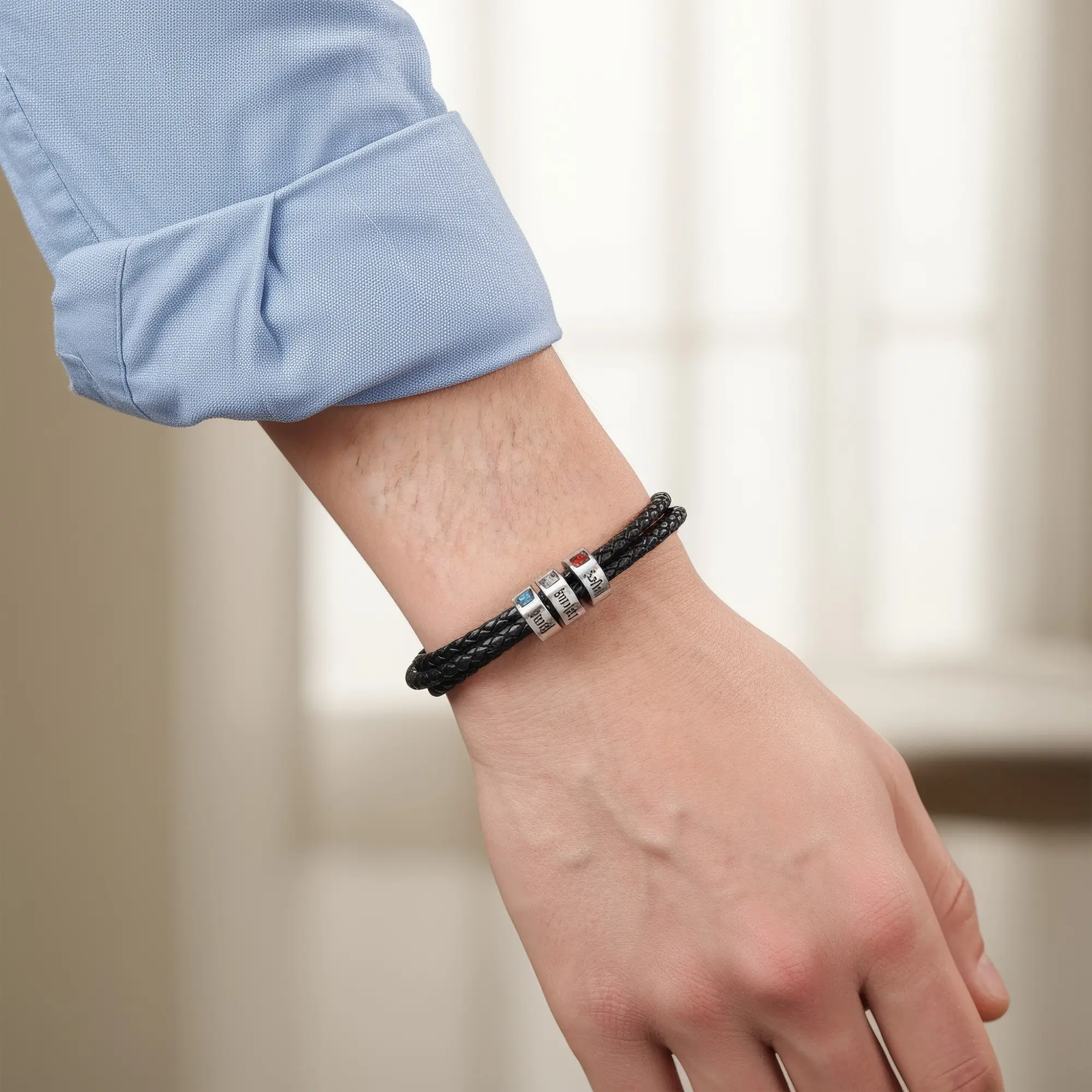 Personalized Birthstone and Name Charm Leather Braided Bracelet with Magnetic Clasp