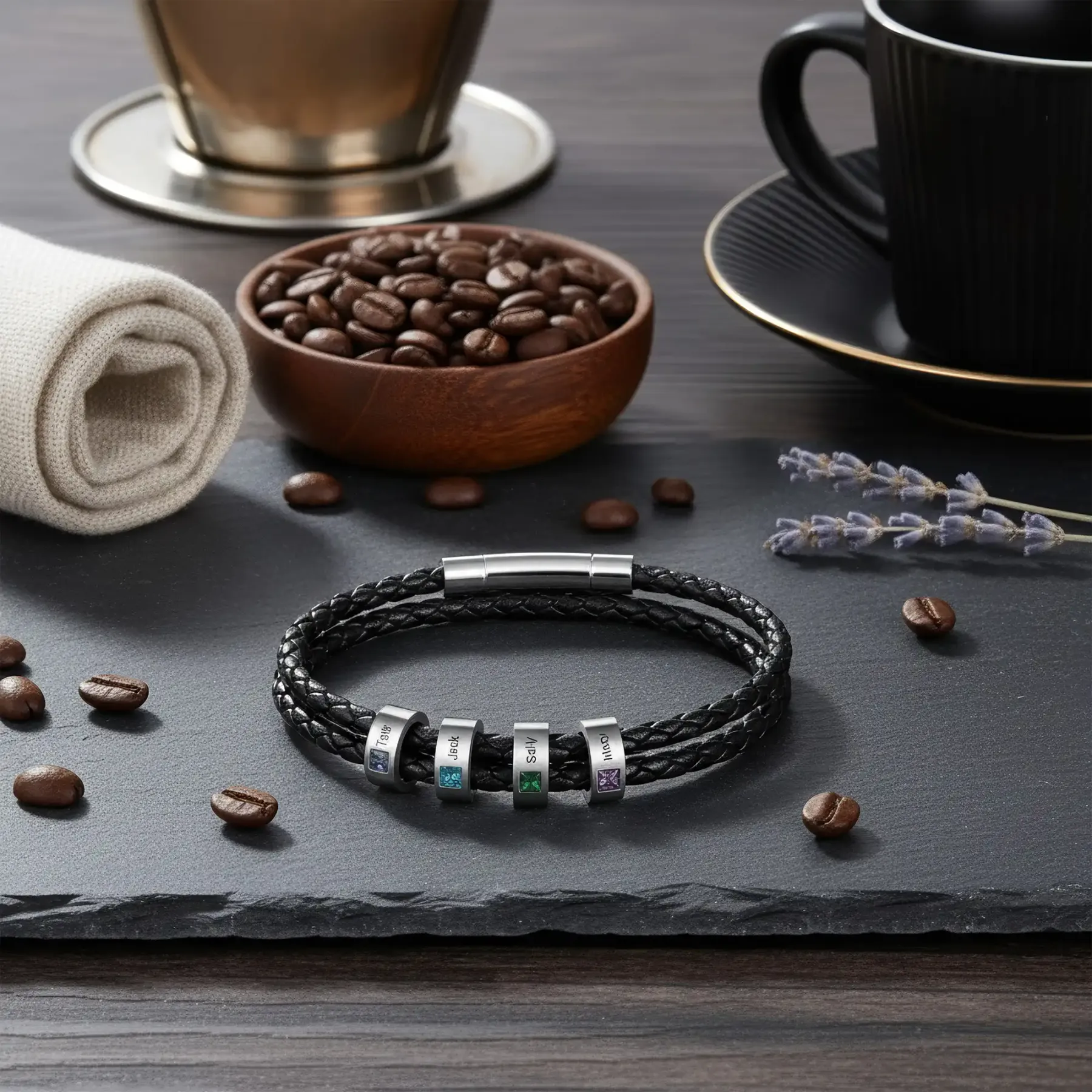 Personalized Birthstone and Name Charm Leather Braided Bracelet with Magnetic Clasp