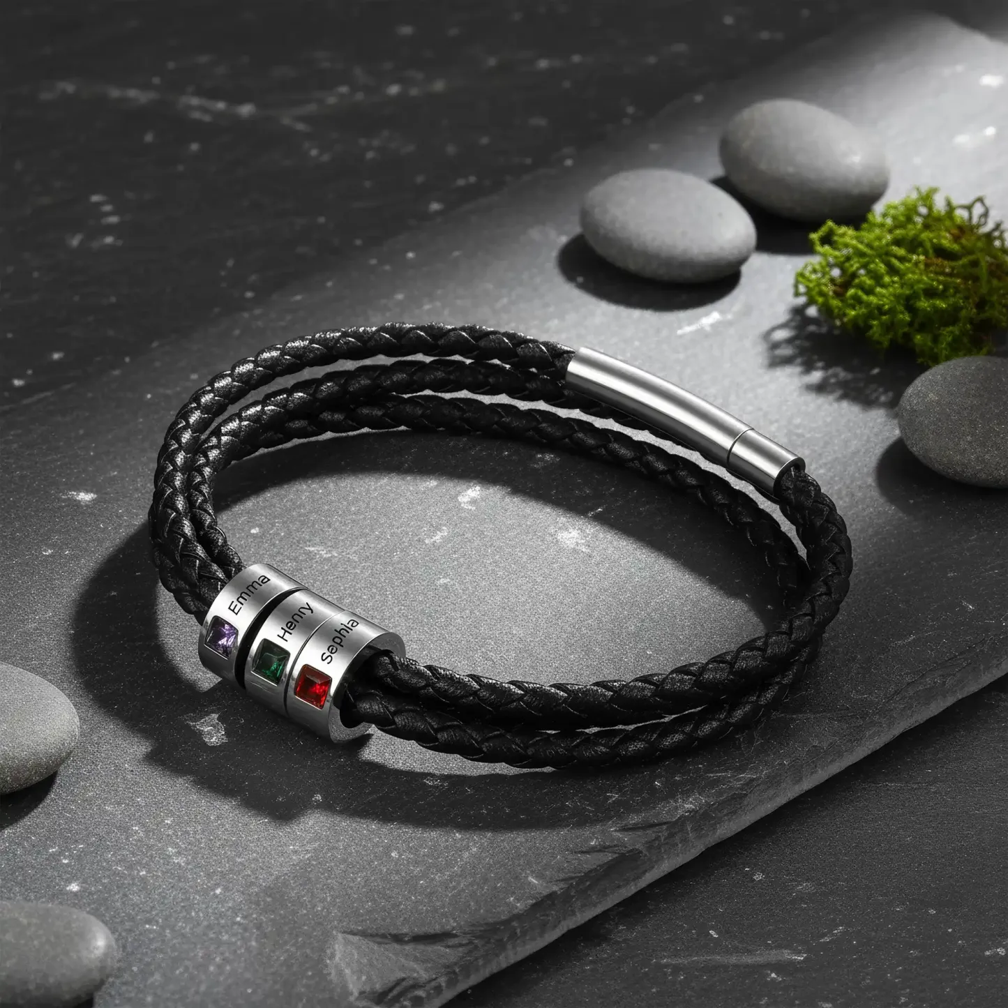 Personalized Birthstone and Name Charm Leather Braided Bracelet with Magnetic Clasp