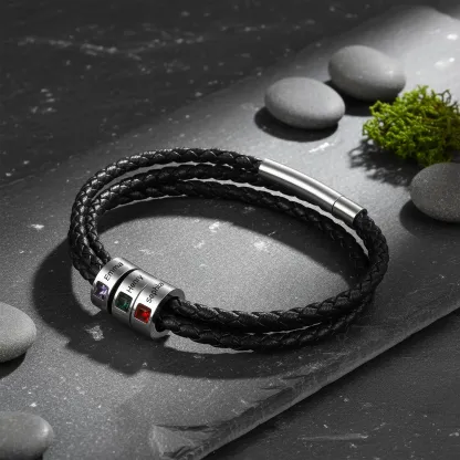 Personalized Birthstone and Name Charm Leather Braided Bracelet with Magnetic Clasp