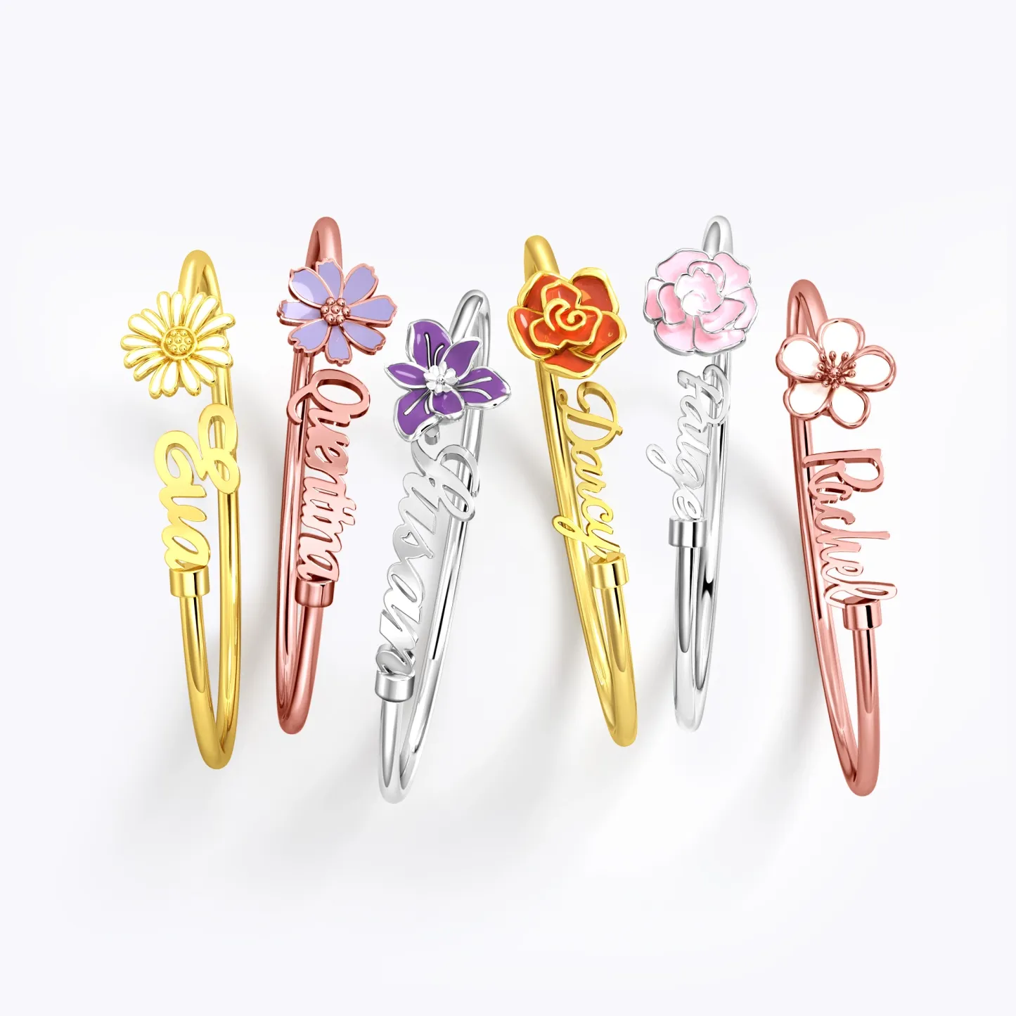 Whirling Blooms Collection Custom Spinning Birth Flower Open Bangle with Name