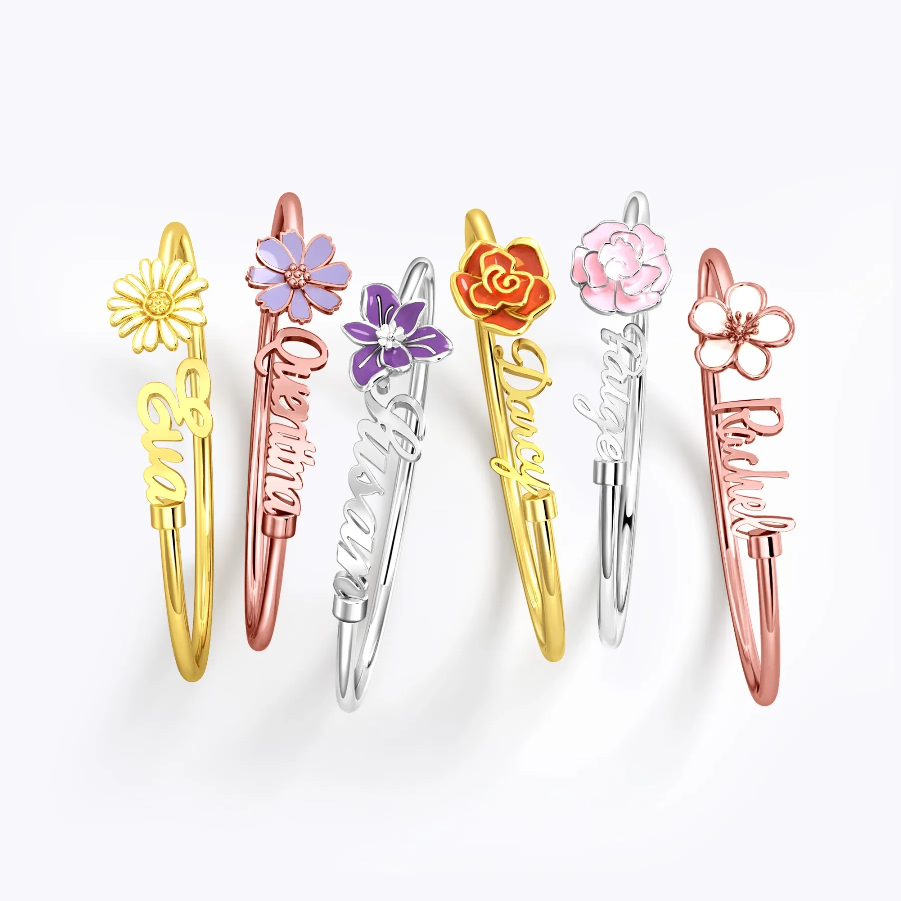 Whirling Blooms Collection Custom Spinning Birth Flower Open Bangle with Name