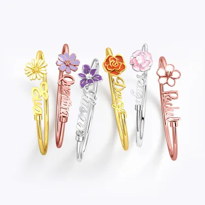 Whirling Blooms Collection Custom Spinning Birth Flower Open Bangle with Name