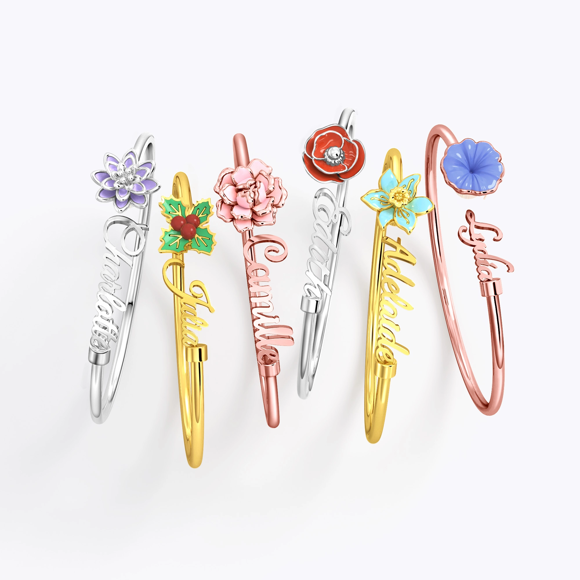 Whirling Blooms Collection Custom Spinning Birth Flower Open Bangle with Name