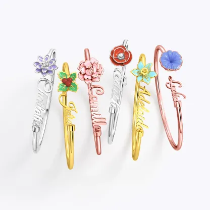 Whirling Blooms Collection Custom Spinning Birth Flower Open Bangle with Name