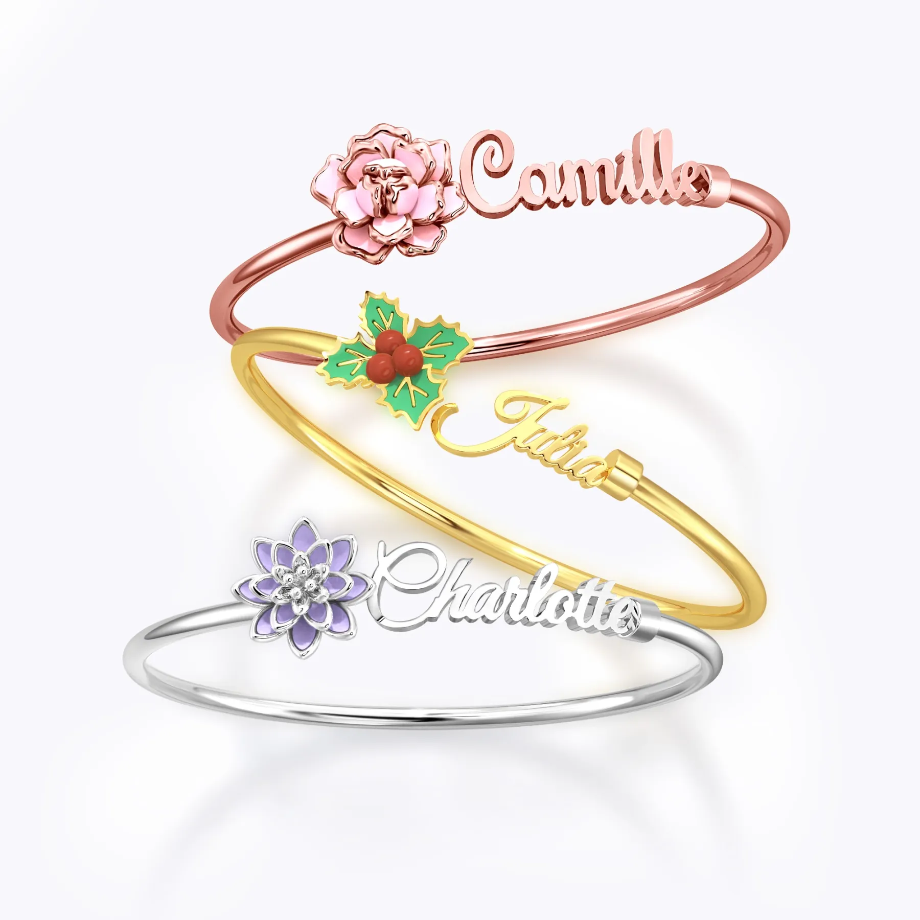 Whirling Blooms Collection Custom Spinning Birth Flower Open Bangle with Name