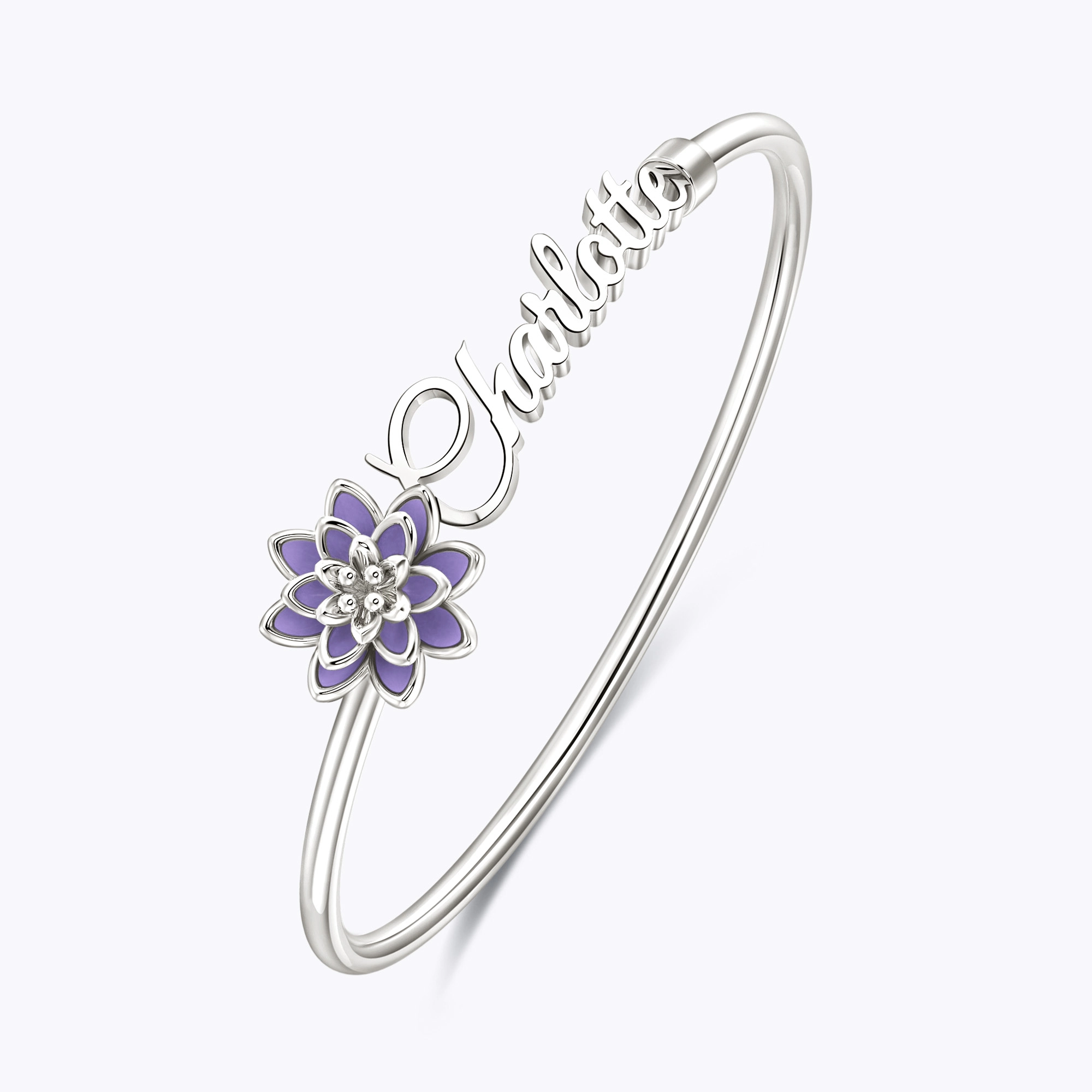 Whirling Blooms Collection Custom Spinning Birth Flower Open Bangle with Name