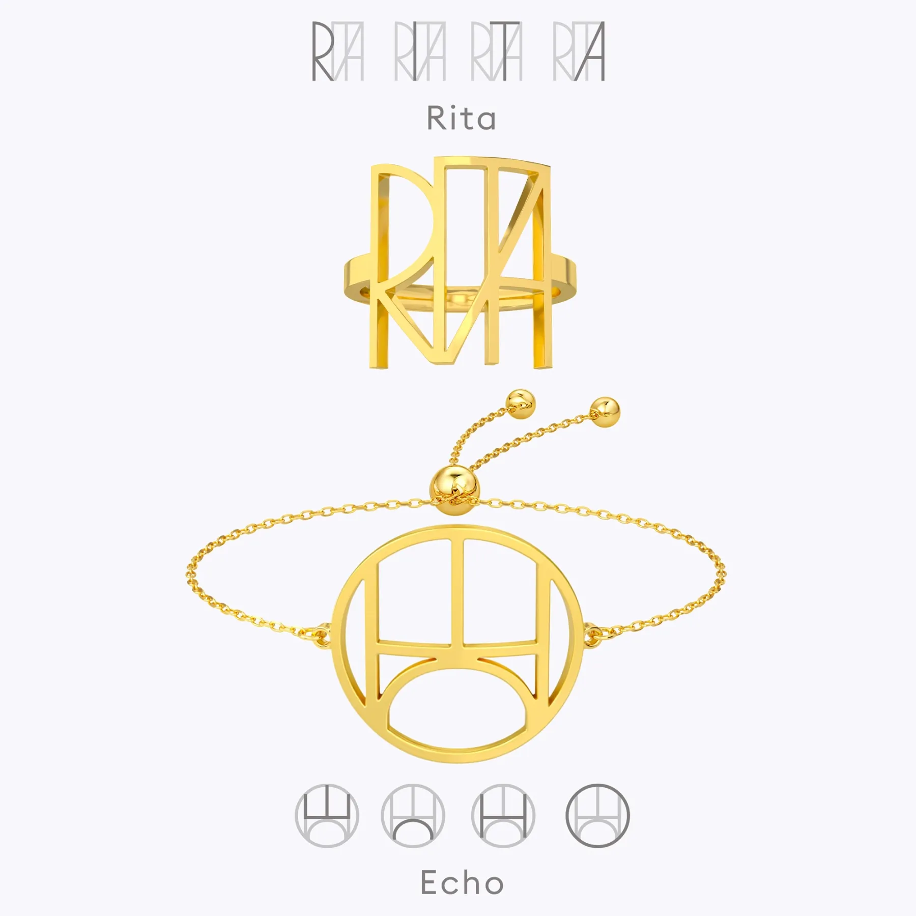 Geo Code Custom Name Logo Monogram Ring and Bracelet Set