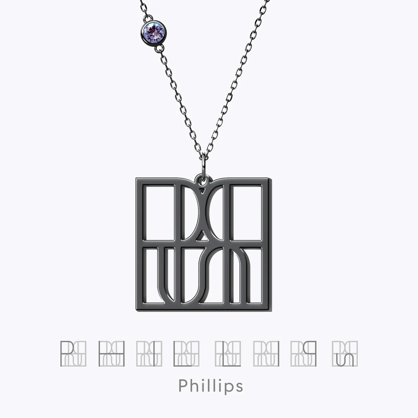 Geo Code Custom Name Logo Monogram Necklace with Round Birthstone