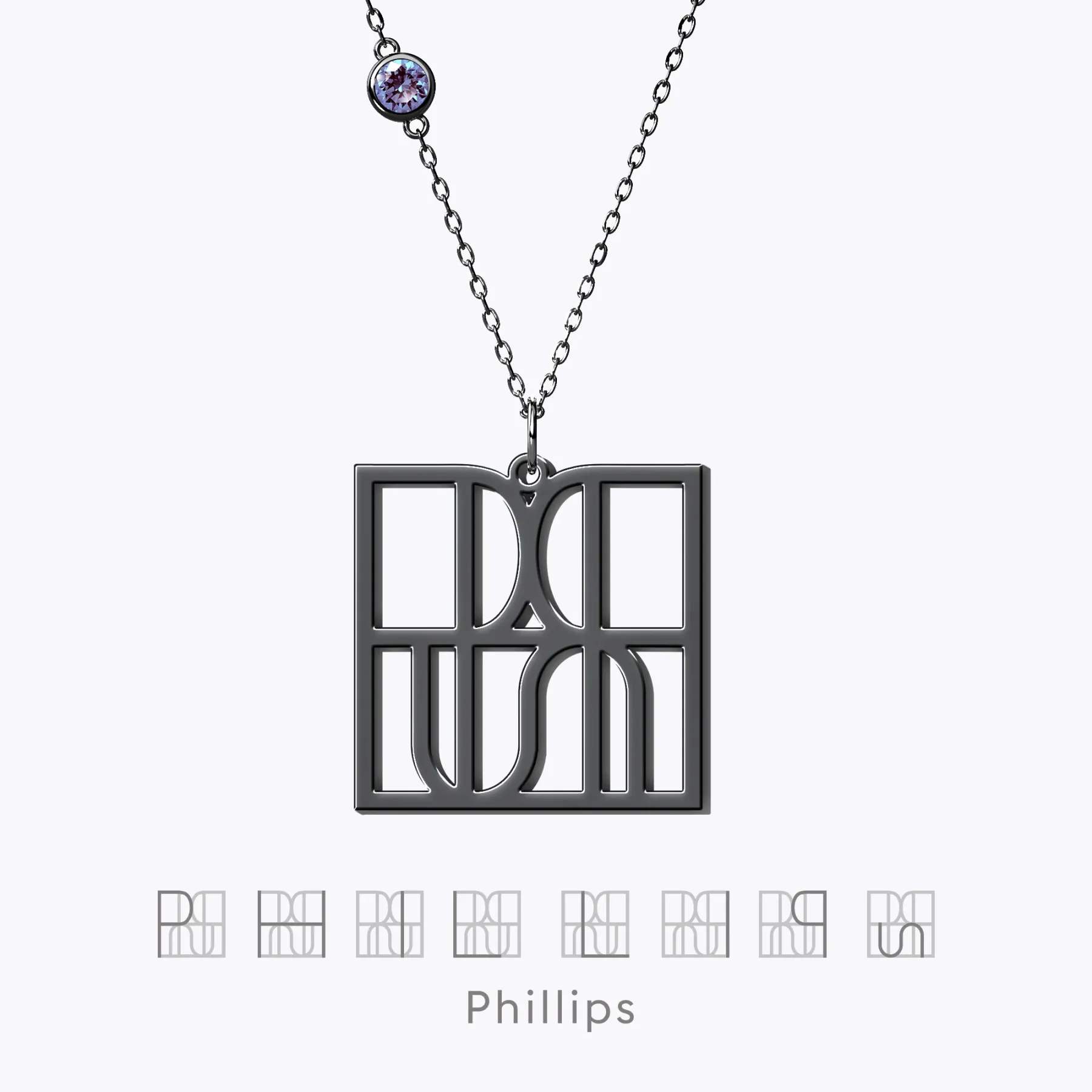 Geo Code Custom Name Logo Monogram Necklace with Round Birthstone