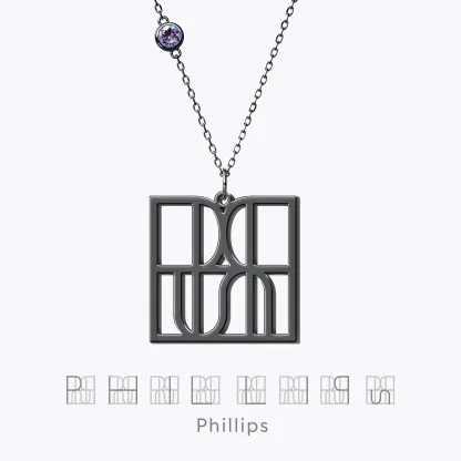 Geo Code Custom Name Logo Monogram Necklace with Round Birthstone